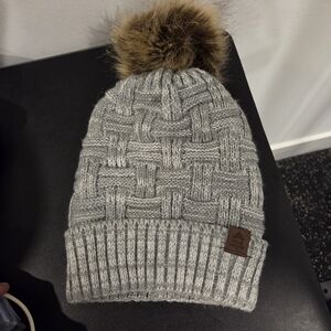 Gray Knit Beanie with Faux Fur Pom
